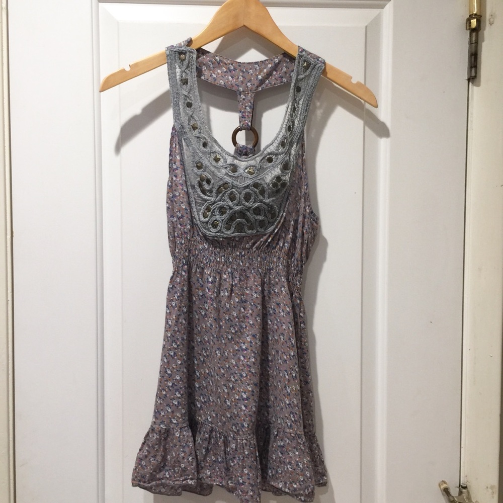 Grey Floral Ruffle Tunic Small with Metallic Beads